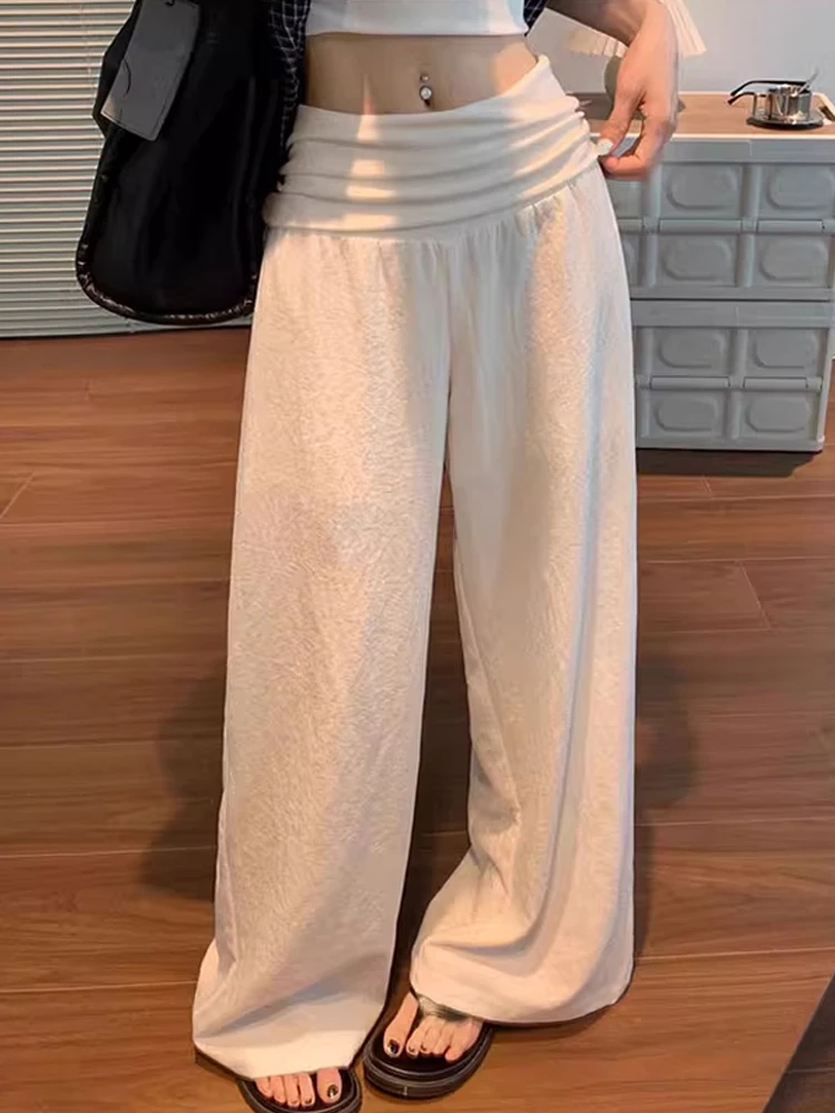 여름 얇은 와이드 레그 팬츠 루즈핏 텐셀 코튼 출산 청바지 배꼽 지원 임산부를 위한 캐주얼 긴 바지