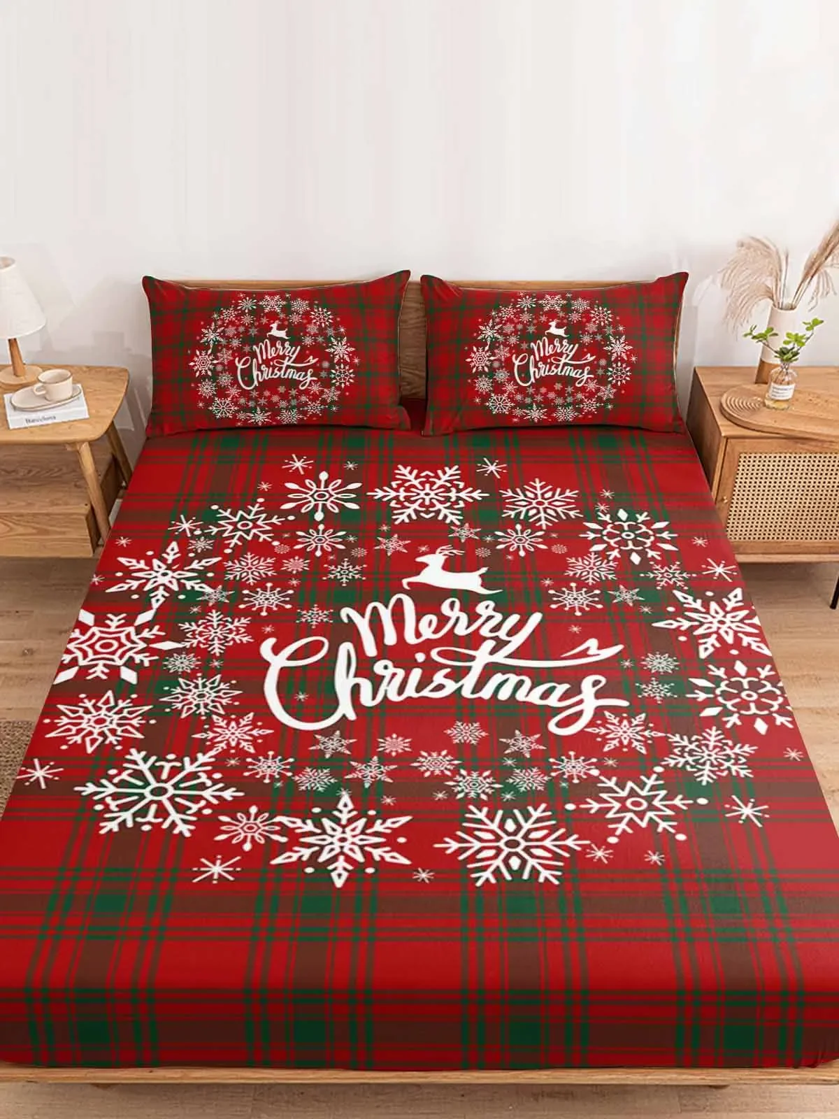 

Christmas Winter Red Plaid Snowflake Elk Bedding Fitted Sheet Set Elastic Band Mattress Cover King Size Bed Cover Pillowcase