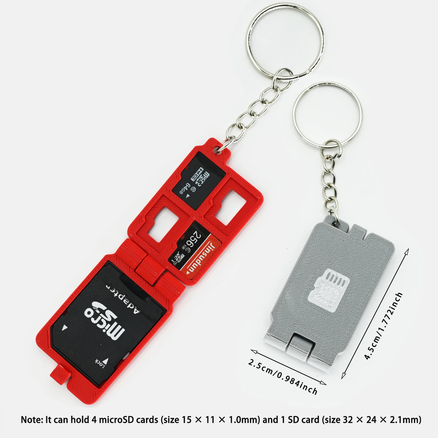 5개의 카드를 수납할 수 있는 휴대용 키체인 메모리 카드 홀더, 4개의 microSD 카드와 1개의 SD 카드를 수납할 수 있습니다.