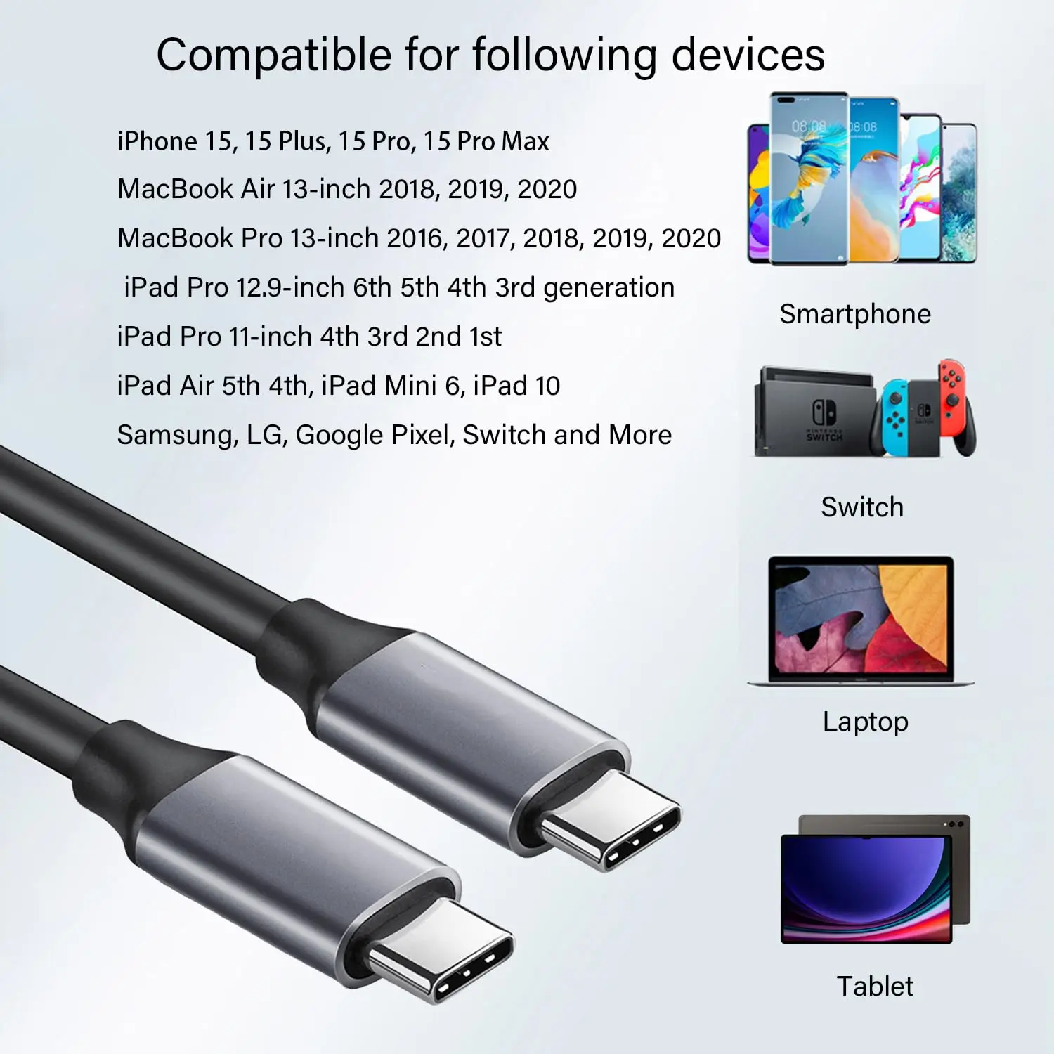 USB-C 충전기 케이블, 아이폰 15 프로 맥스, 아이패드 프로 12.9 인치, 6 세대, 아이패드 프로 11, USB 3.1, C타입 고속 충전 코드