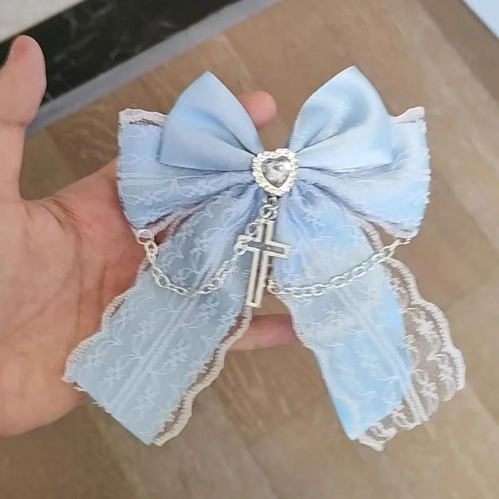Niedliche Schleifen-Kreuz-Anhänger-Haarspange, exquisites Spitzendesign, Taschenanhänger, Lolita-Haaraccessoires, japanischer Stil, Y2K-Haarspange – Detail 4