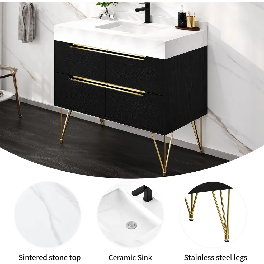 36 Inch Bathroom Vanity with Sink, Bathroom Cabinet with White Sintered Stone, Bathroom Sink Vanity, 4 Drawers Soft Close System 4