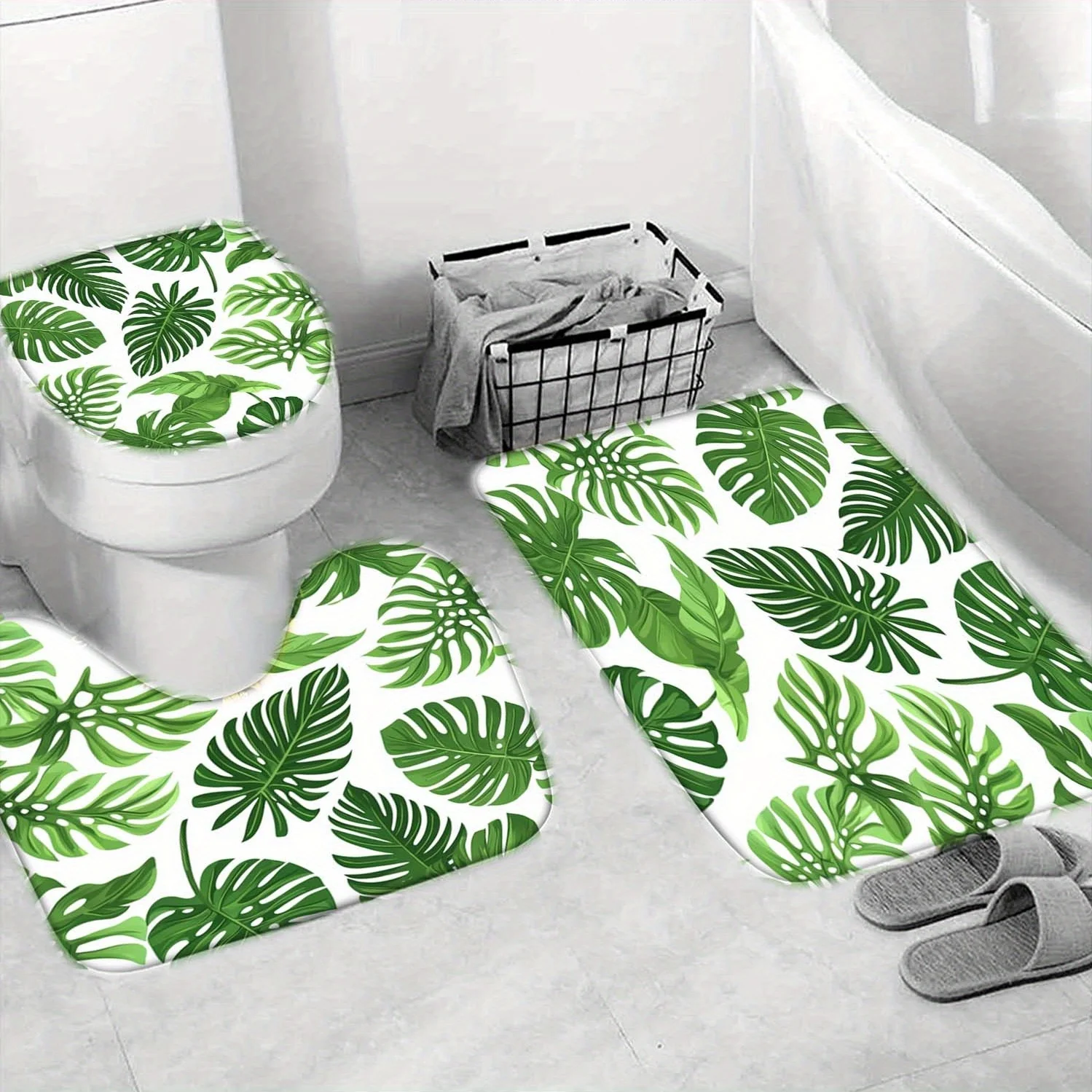 4pcs 녹색 식물, 잎, 후크가있는 열대 패턴 샤워 커튼, 욕실 분배기 커튼, 욕실 액세서리