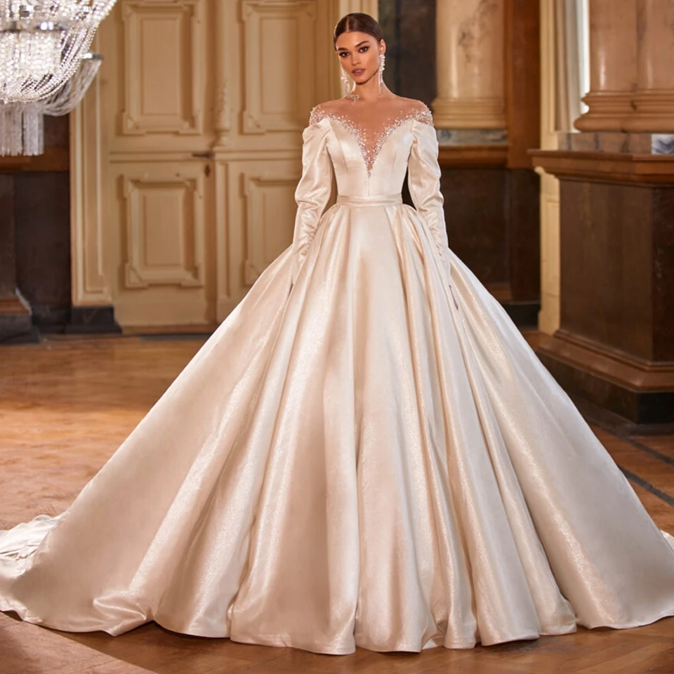 Maßgeschneiderte Elegante Langarm-Brautkleider 2026 Satin Funkelnde Perlen-Brautkleider mit Illusions-Knöpfen am Rücken Vestidos De Novia – Detail 3