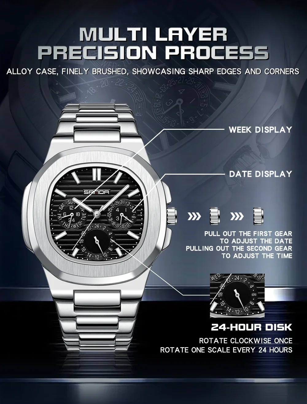 SANDA 7053 Luxury Watch Business Waterproof Male Clock Luminous Date Stainless Steel Square Quartz Men Wristwatches Reloj Hombre
