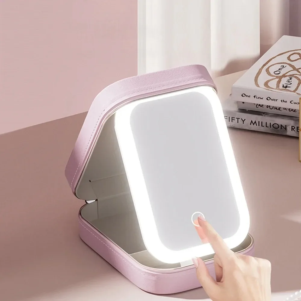 LED 조명 거울이 있는 휴대용 여행용 메이크업 화장품 보석 보관함 터치 라이트 수납 정리함