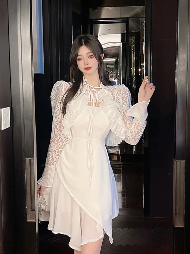 

Runway Designer Women's Suits Lace Flare Sleeve Cardigan Short Tops + Spaghetti Strap Chiffon Long Dress 2 Piece Sets Outfits
