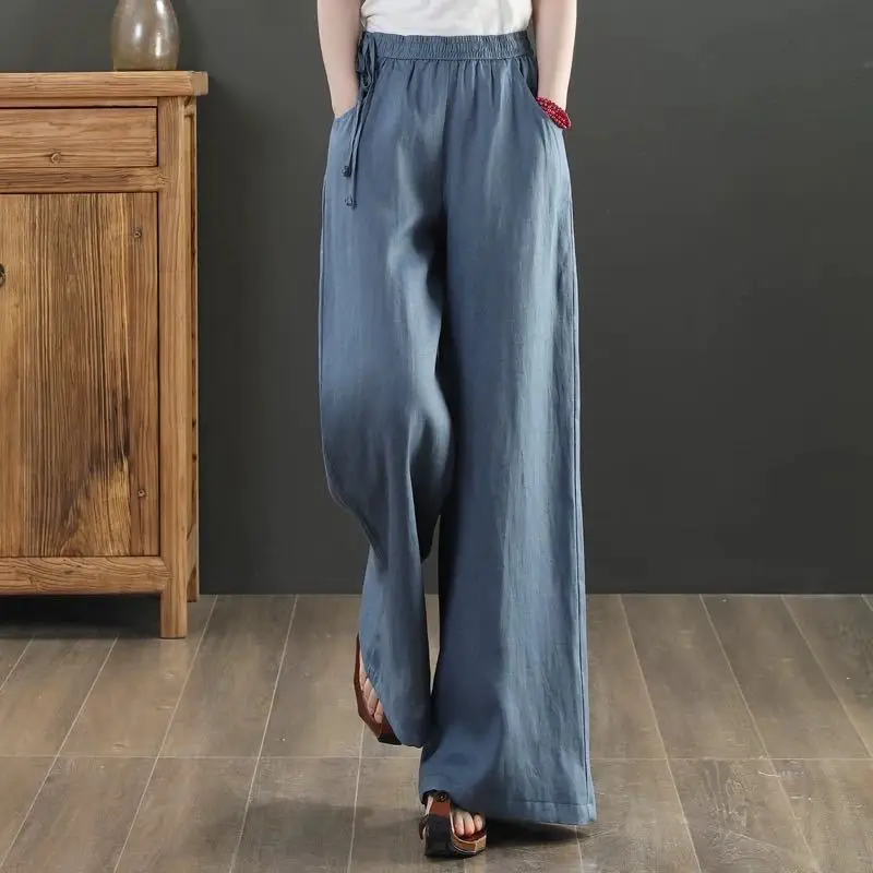 2023 Cotton Linen Wide Leg Pants 4xl Big Size Trousers Women Summer Elastic Waist Casual Ankle-length Pantalones Baggy Sweatpant