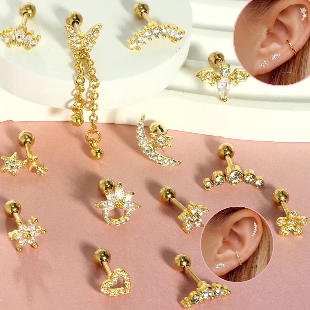 3Pc 16G Stainless Steel Helix Piercing Jewelry Screw Flat Back Stud Earrings for Women Gold Cartilage Earring Conch Daith Rings