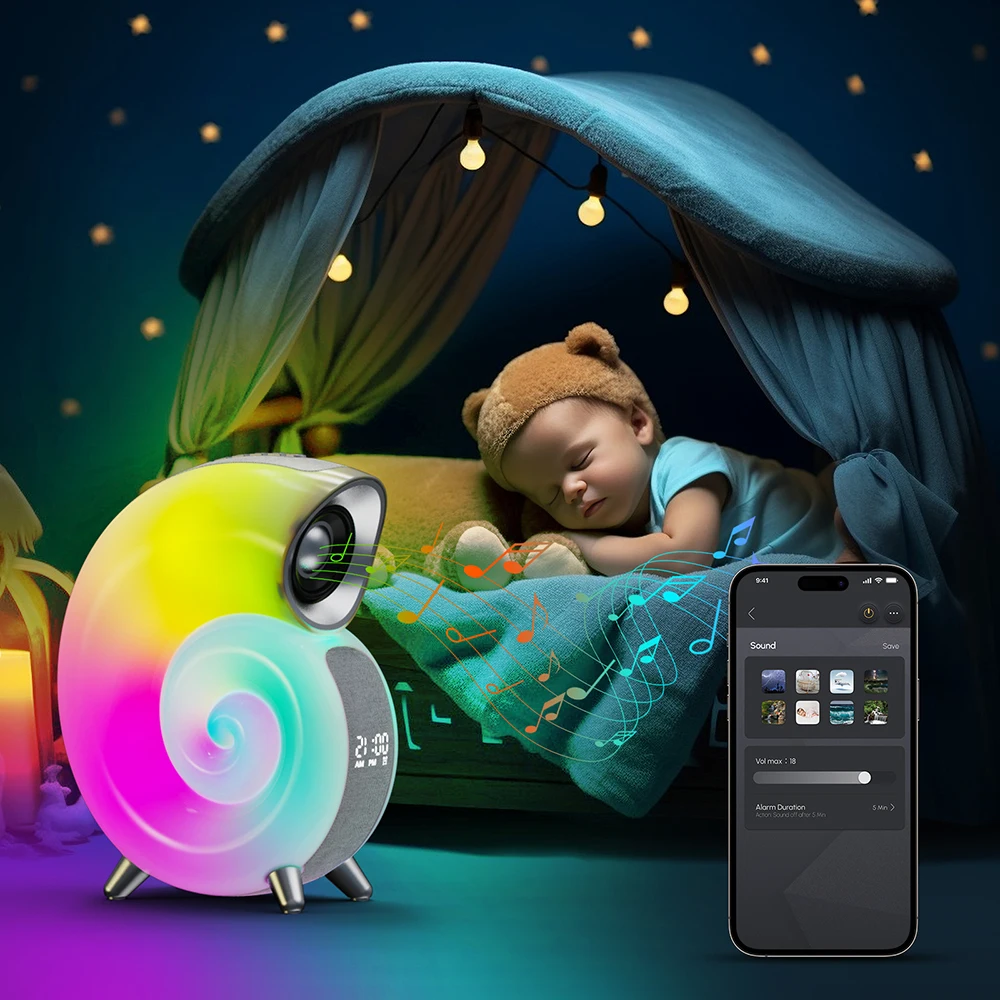 

Multifunctional Smart Conch Bluetooth Speaker Alarm Clock APP Control RGB Atmosphere Night Light for Iphone 15 14 Samsung Tablet