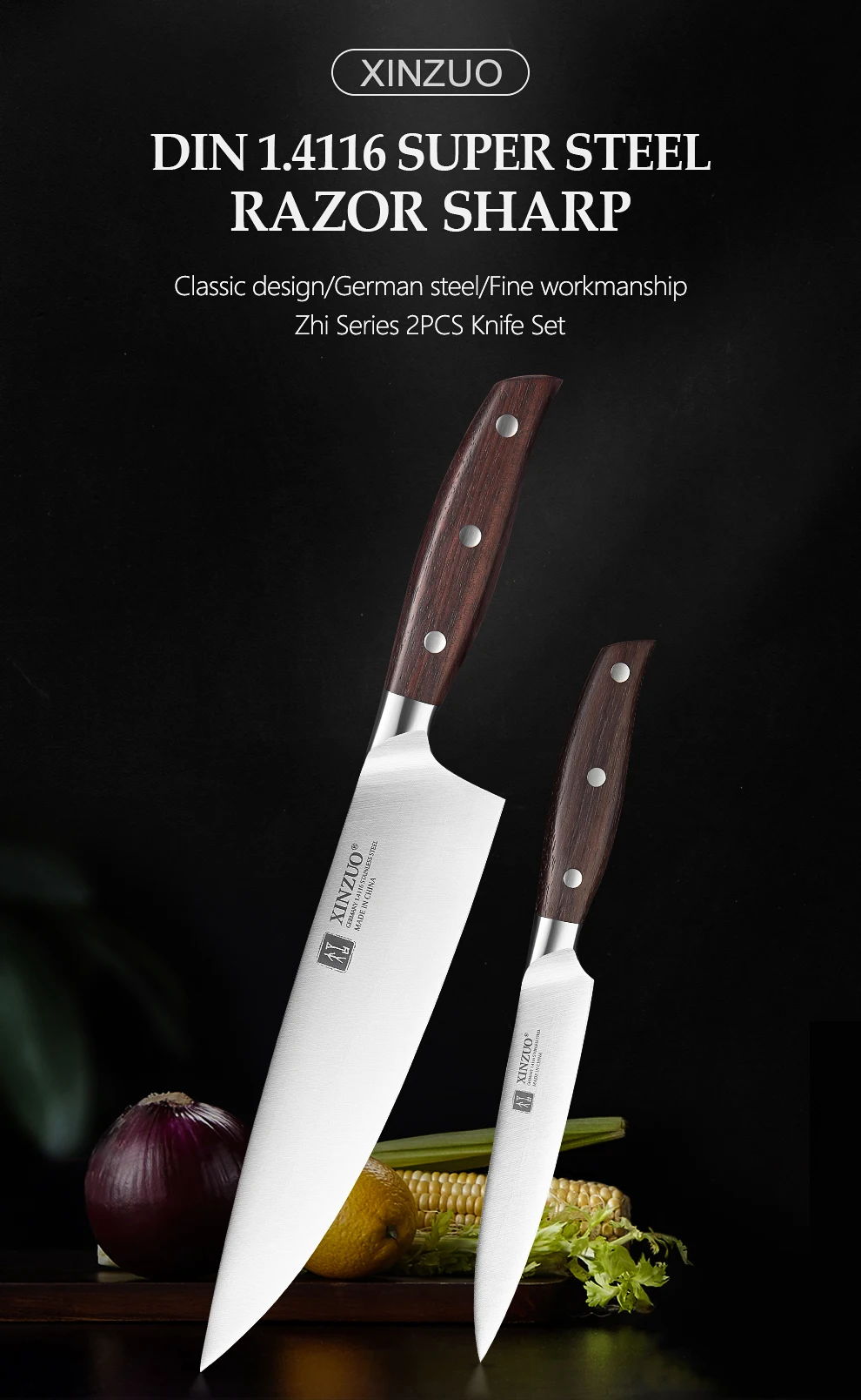 Alemanha 1.4116 Steel, Chef Knife, Cozinha Cozinhar Ferramentas, Novo, 2Pcs