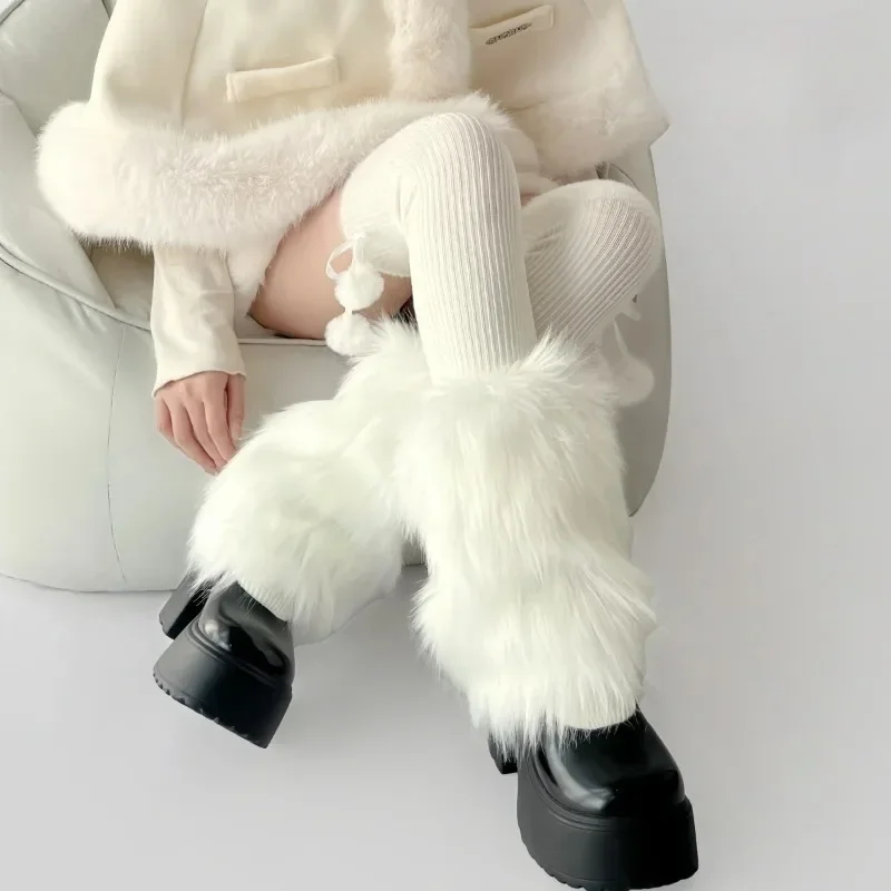 Description Picture 6 of item1/2Pairs Plush Leg Warmers Women Winter Long Faux Fur Stockings Lolita Warm Sweet Stockings Furry White Girls Boot Cover Socks