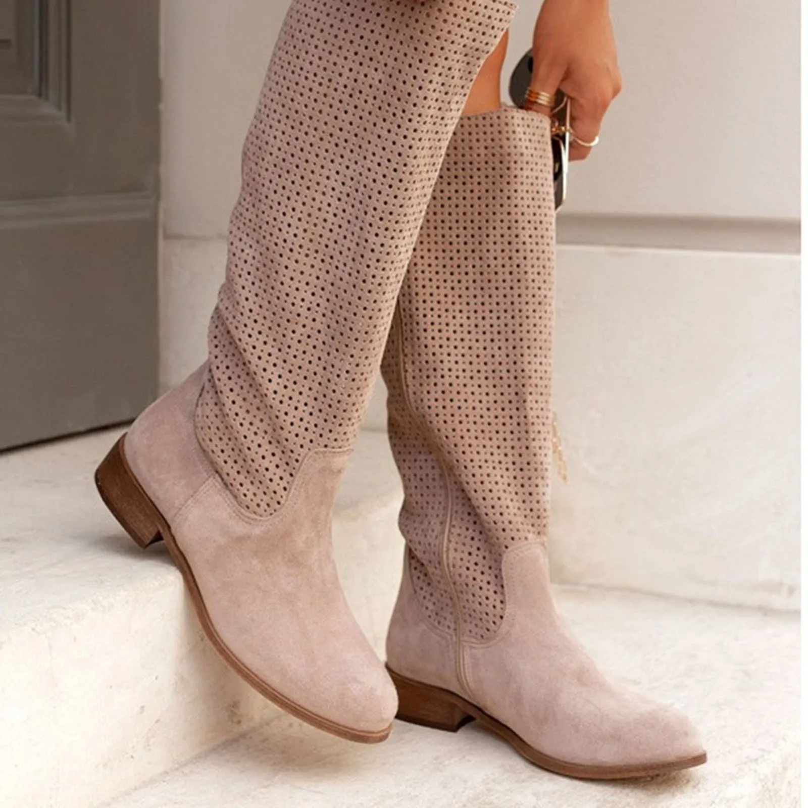 여성용 카키 편안한 로우 힐, 라운드 토, 천공 스웨이드 부츠, 롱 부츠, 넓은 ..