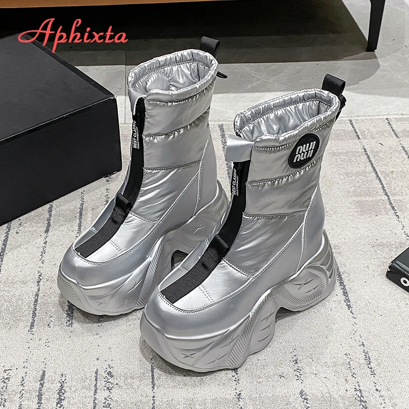 Aphixta 7CM Platform Women Ankle Boots Wedge Heels 3cm Height Increasing Fashion Silver Woman Shoes Chunky Heel Zipper Boots