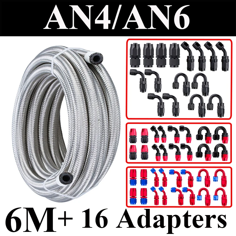 

6M AN4 AN6 Car Fuel Hose Oil Gas Cooler Hose Line Pipe Tube Stainless Steel CPE Rubber 4x0 4x45 4x90 4x180 Degree End Fittings