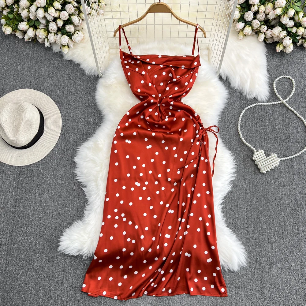 Clothland Women Sexy Polka Dot Strap Dress Adjustable Straps Drawstring