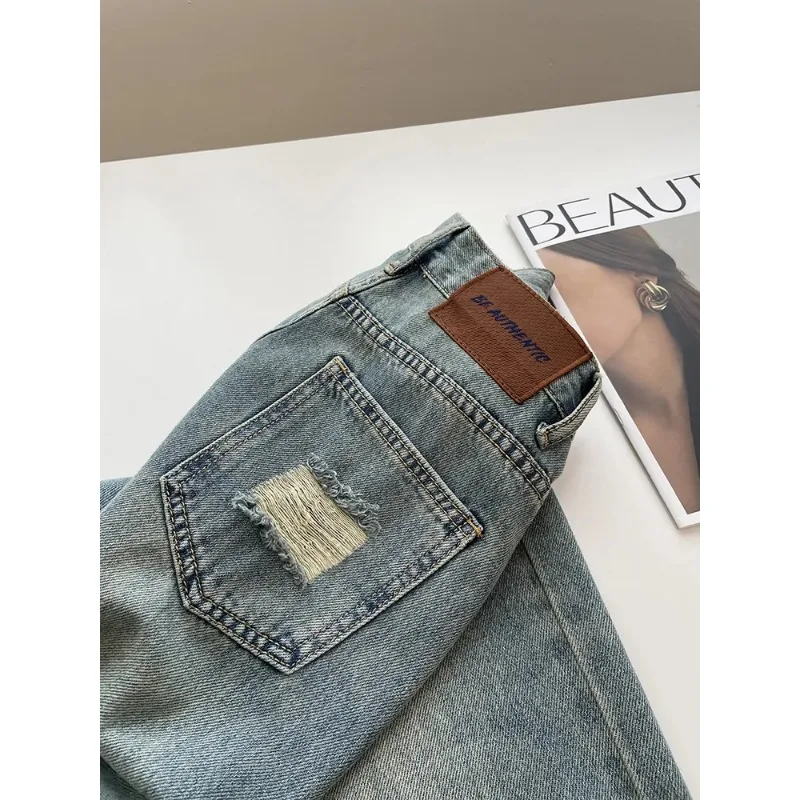Jean pour femme déchiré bleu clair, coupe large, taille haute, ample, printemps-été, pantalon amincissant droit