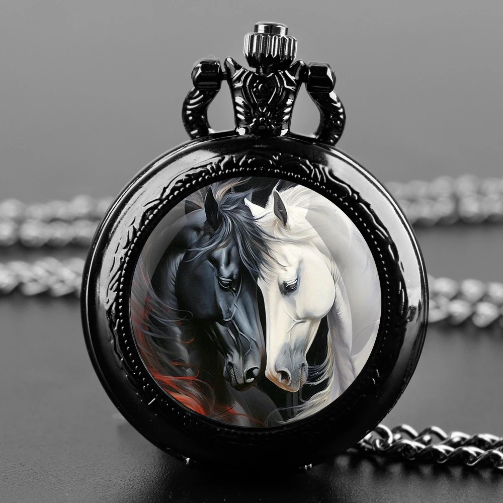 

Retro Horse Quartz Pocket Watch Cool Black Necklace, Unique Pendant Clock With Chain Clock Hours Watch Jewelry Gift Accessories