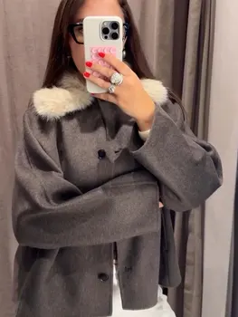 HH الخريف الشتاء النساء أنيقة الفراء التلبيب معاطف واحدة الصدر طويلة الأكمام سترة أزياء شارع العليا سيدة شيك ملابس خارجية 5