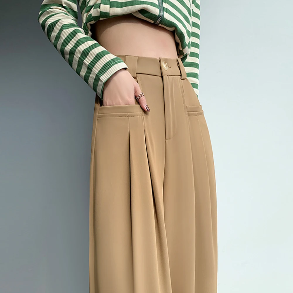 

New Women's High Waist Draping Straight Pleated Wide Leg Pants Casual Female Baggy Long Trousers With Pockets Pantalones Mujer