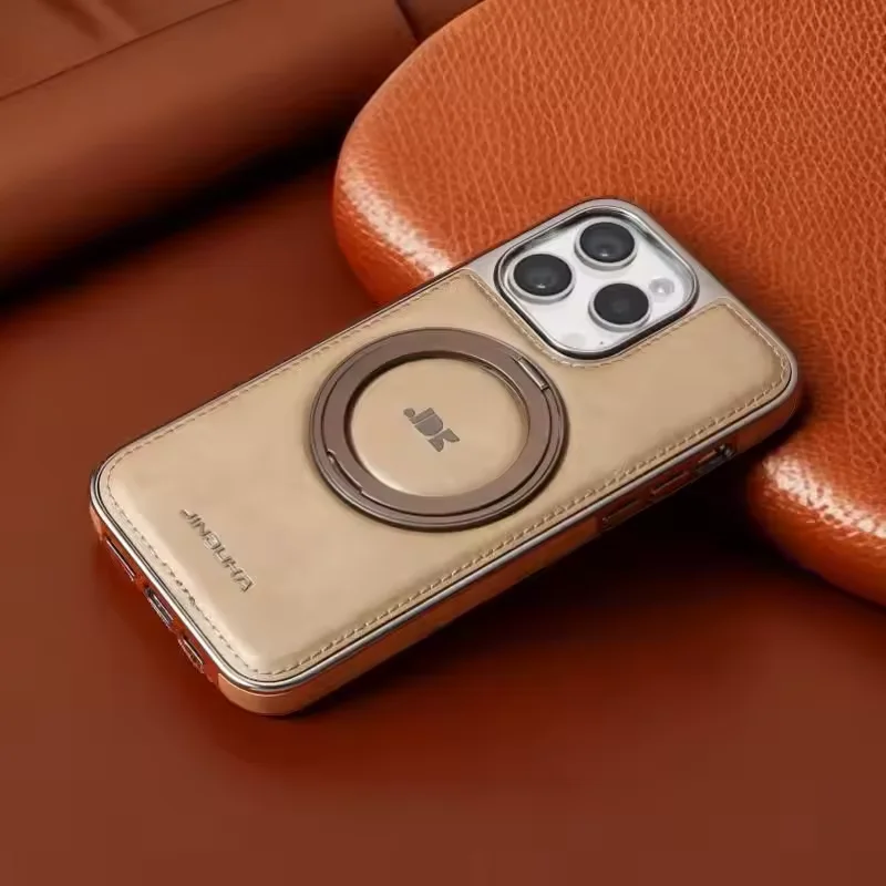 Elegant Leather MagSafe Phone Case with 360° Ring Stand and Wireless Charging Compatibility