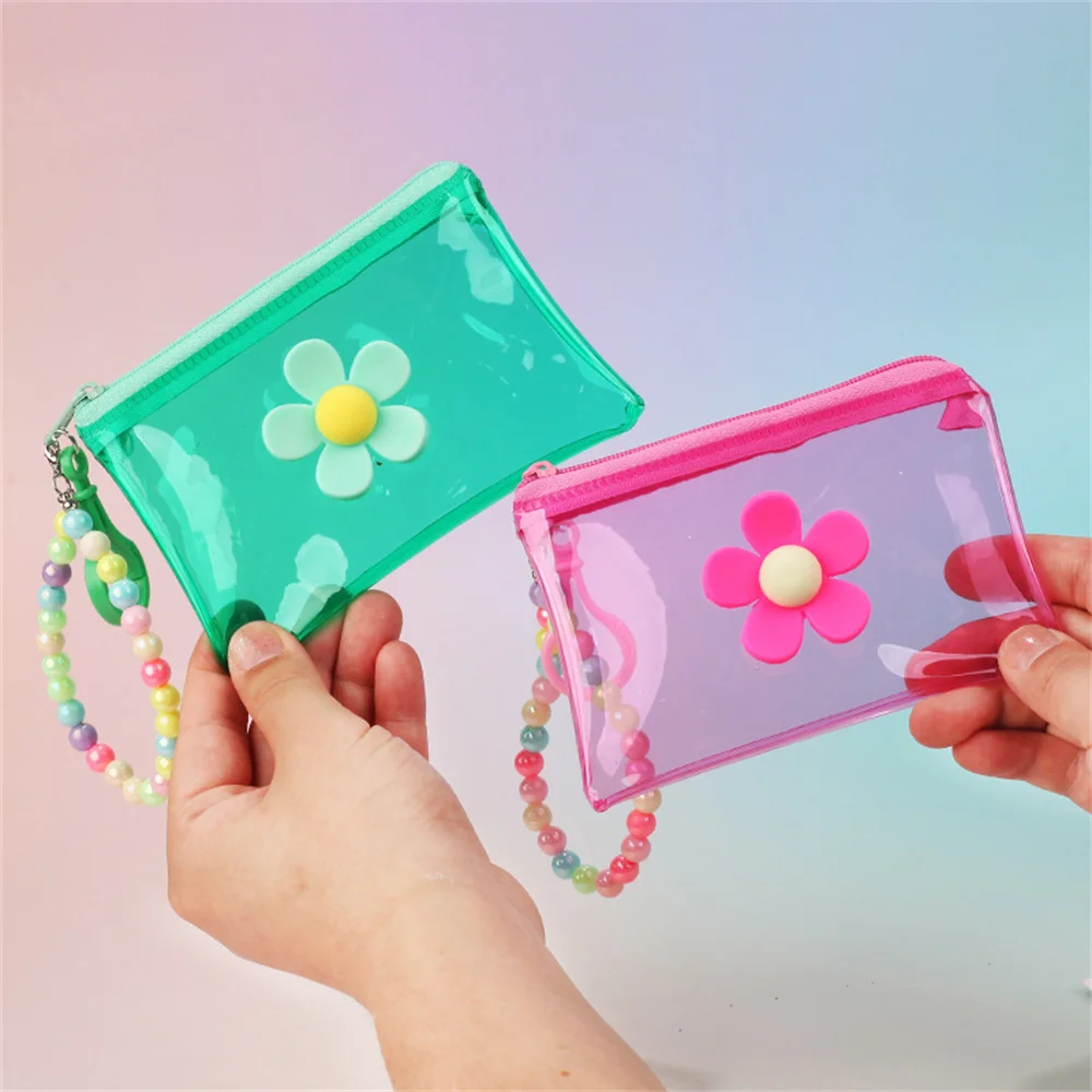 Flower Transparent Coin Purse Colorful Mini Portable Earphone Storage Bag With Key Chain Card Holder Organizer Zipper Wallet