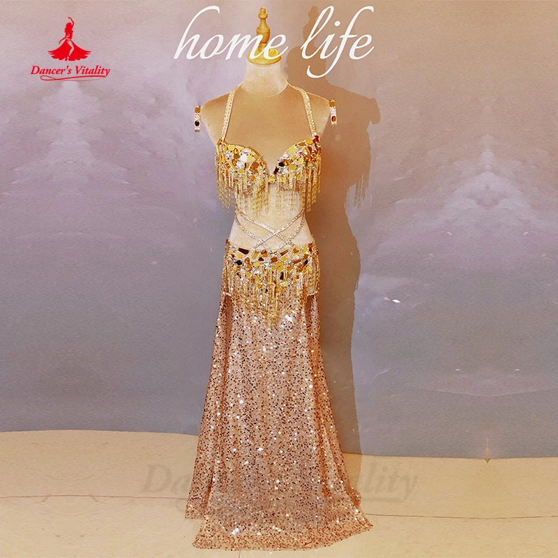 Belly Dance Professional Costume Suit Senior Sequins Bra+split Long