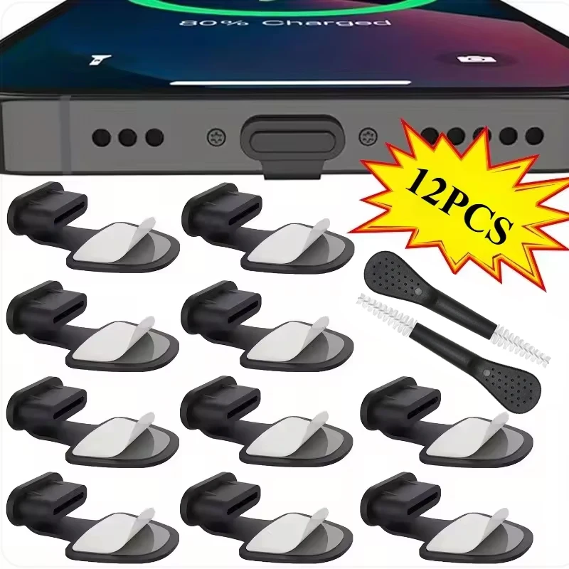 USB C 실리콘 먼지 방지 플러그 세트(청소 브러시 포함), 타입-C 안드로이드 휴대폰용 먼지 방지 충전 포트 스토퍼 캡 보호기