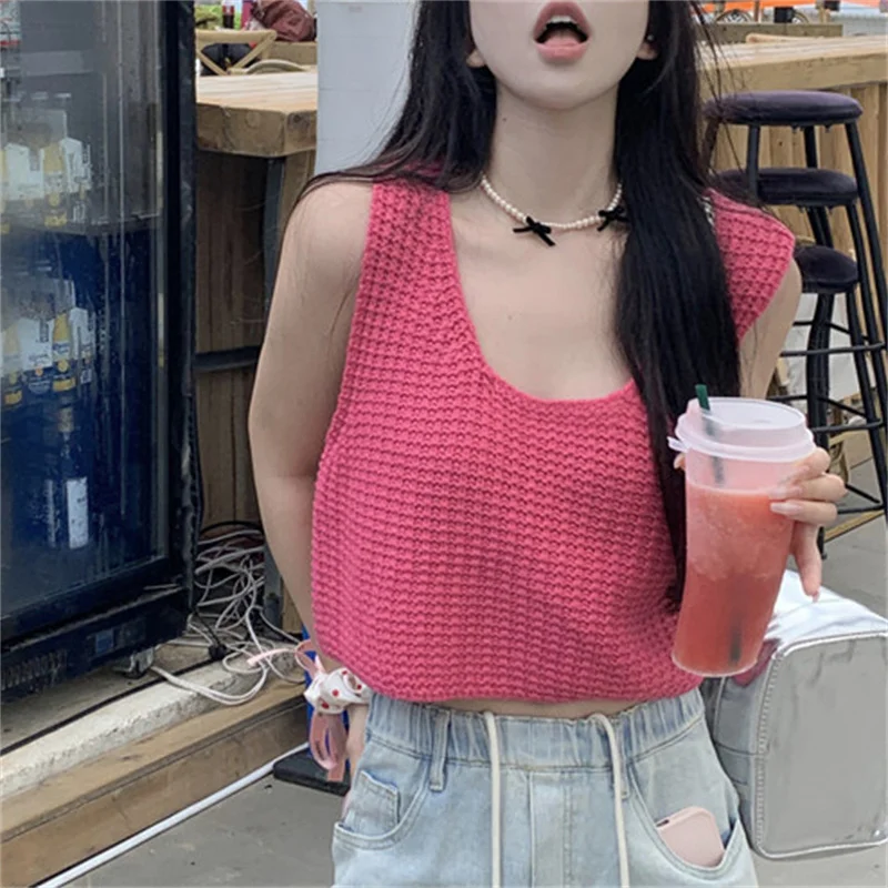 

Женская Трикотажная майка без рукавов, розово-красная однотонная Свободная майка с круглым вырезом, лето