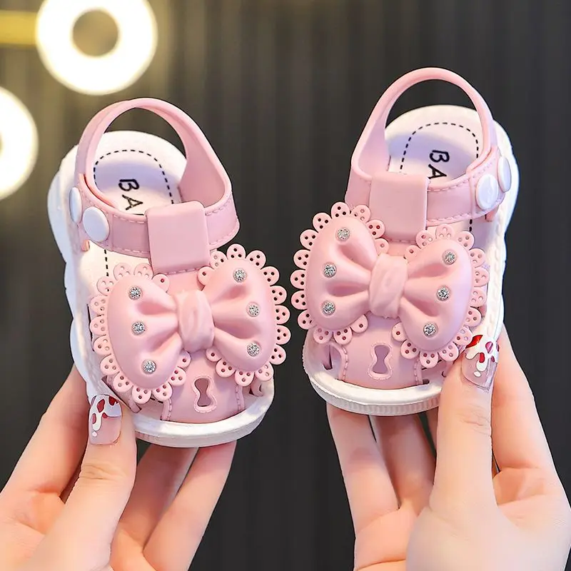0-3 Cute Bow Rhinestone Baby Shoes For Girls Non-Slip Soft-Soled Children Toddler Kids Sandals With Covered Toes