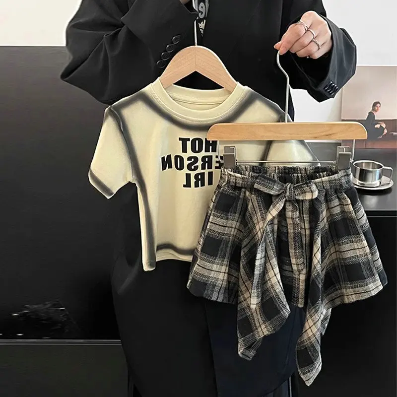 Summer Children's Clothing Girl Set Fashionable Letter Stroke Edge Short Sleeved T-Shirt+Street Style Irregular Plaid Half Skirt - Image 4