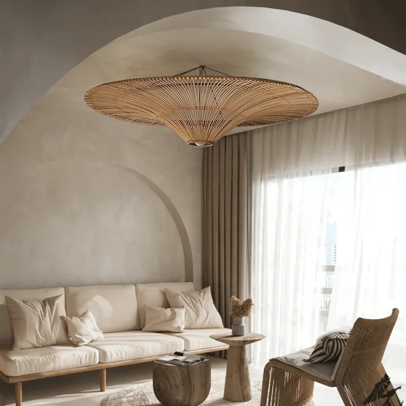 Japanese Rattan Pendant Light Wabi Sabi Wicker Chandelier For Living Room Restaurant Shop Decor Handmade Straw Hat Chandelier 6