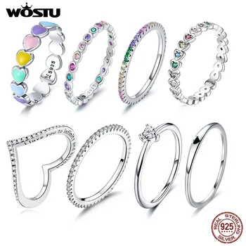 WOSTU 정품 925 스털링 실버 핫 세일 스타 하트 모양 관장 무지개 손가락 반지, 여성 유럽 웨딩 고급 주얼리 선물