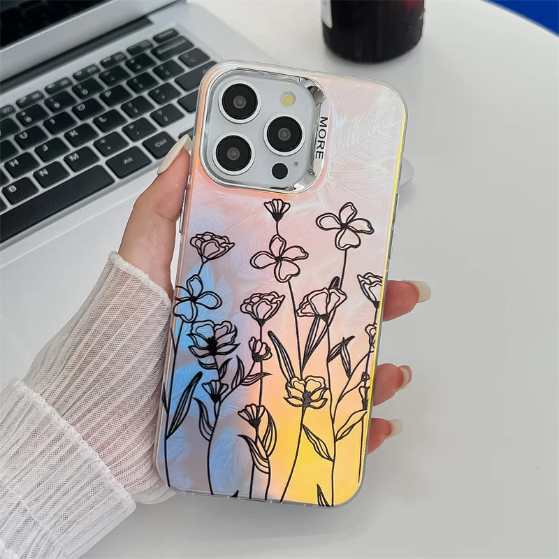 Coque de téléphone de luxe galvanisée à motif de fleur laser pour iPhone 16 15 14 13 Pro Max, coque arrière rigide antichoc en PC mat_voghion.com