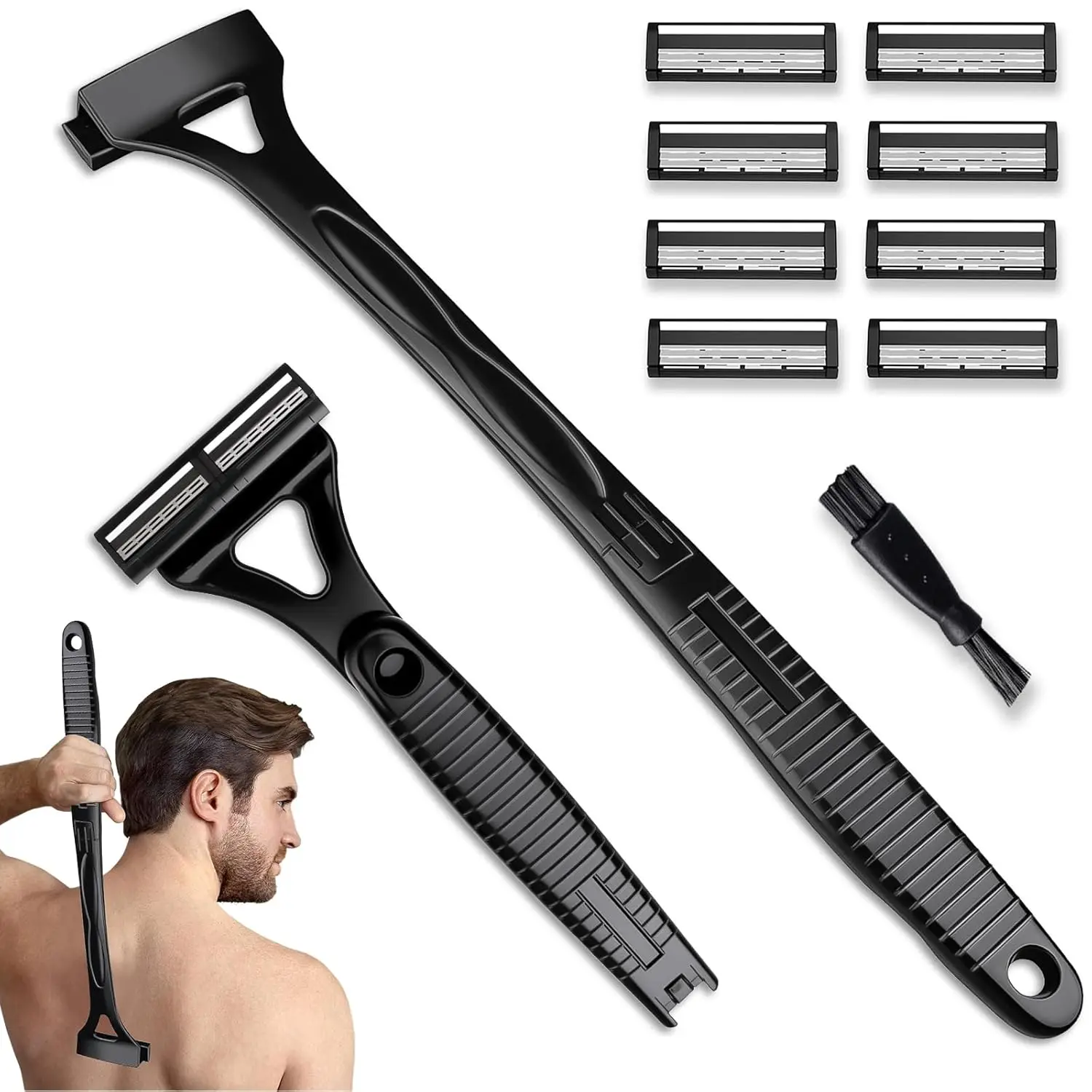 Afeitadora trasera para hombres y mujeres, recortadora de pelo corporal plegable con mango largo, afeitadora en seco y húmedo con 8 cuchillas reemplazables ultraafiladas