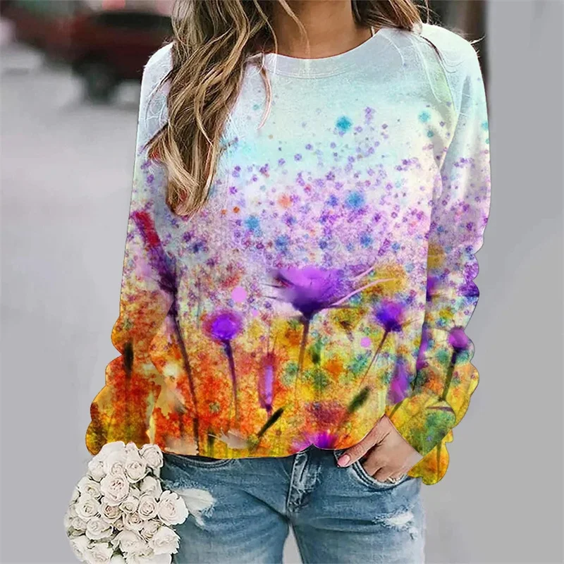 thumbnail image 1 of Nueva camiseta de manga larga con estampado gráfico de pintura al óleo para mujer, camiseta larga de calle con cuello redondo, camiseta holgada Y2k, 1 of 4