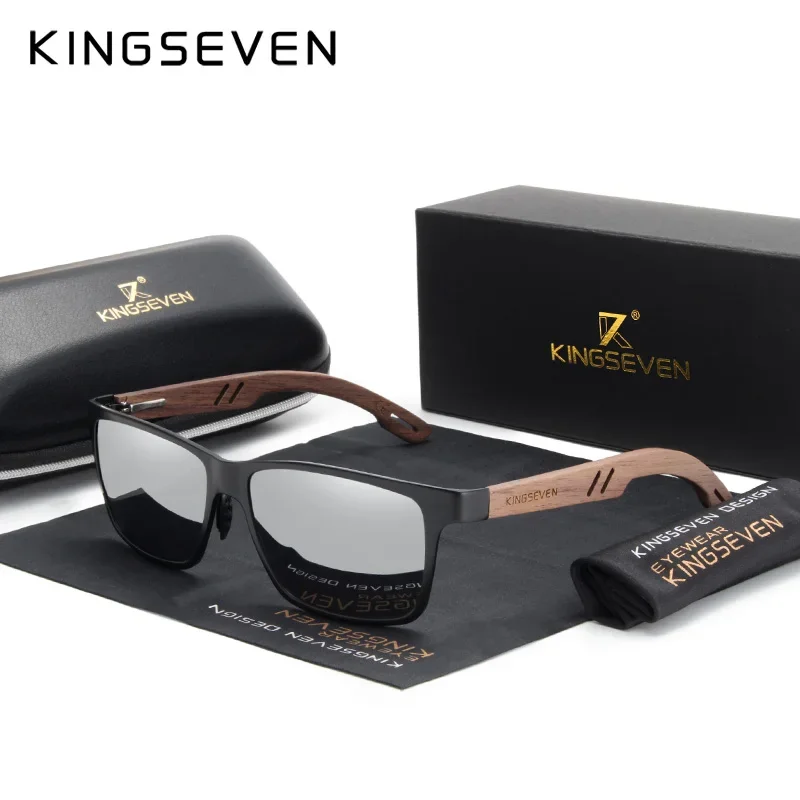 KINGSEVEN Aluminium Handgemachte Walnuss Holz Sonnenbrille Männer Hohe Qualität Polarisierte Sonnenbrille Für Frauen Anti-Glare Spiegel Objektiv
