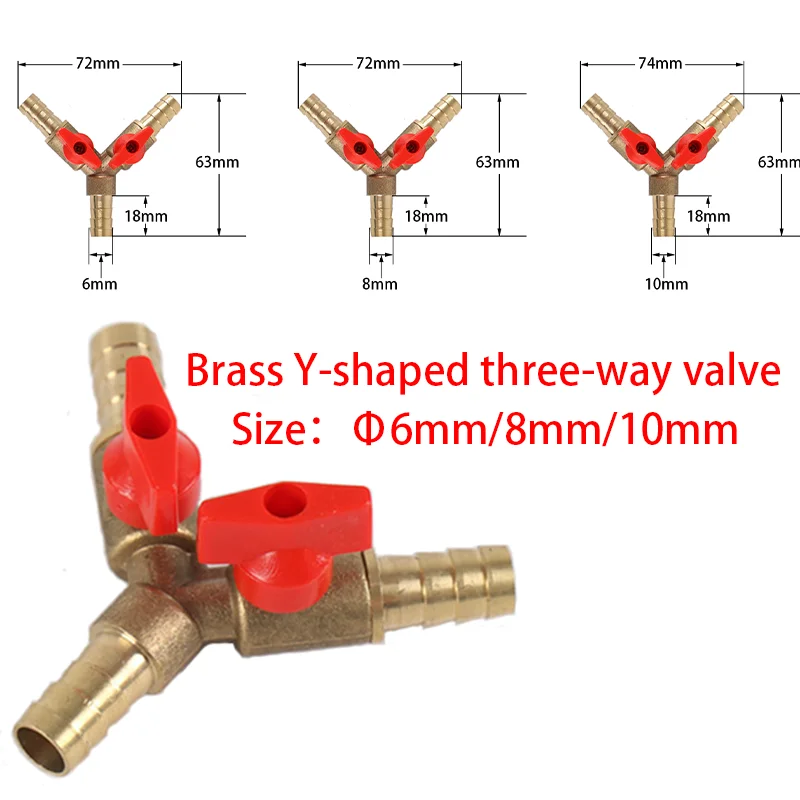 6 8 10 Mm Hose Barb Y-type All-copper Pagoda 3-way Brass Cutoff Ball Valve Fittings Fittings Adapter for Fuel, Water, Oil, Air brass water oil air gas fuel line shutoff ball valve pipe fittings pneumatic connector controller handle hose barb inline