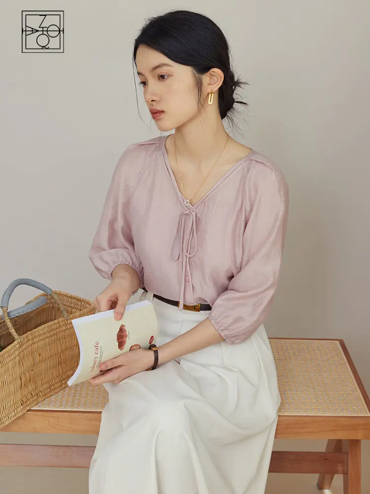 

ZIQIAO Casual Pink Mid-sleeved French Shirt for Women Summer Newly Gentle Wind Top Gift Sling Elegant V-neck Shirts for Female
