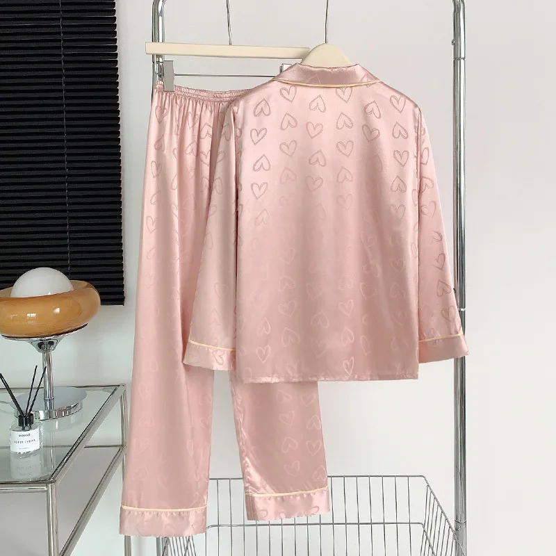 Elegant French Women 2Pcs Spring Summer Silk Satin Nightwear Elastic Waist Trouser Suits Loose Home Wear Black Leopard Loose