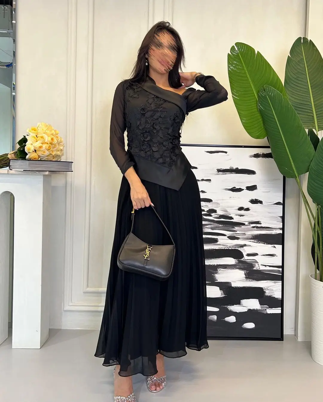 

Appliques Black Prom Dresses Long Sleeves A-Line Chiffon Satin Saudi Arabia Women Evening Dress Party Gown فساتين مناسبة رسمية