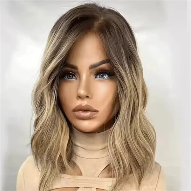 Synthetic Wig Natural Brown Rooted Honey Dirty Blonde Wig For Women Short Bob Lace Front Wigs Synthetic 13x4 Thick Density Wig on Net Topsale