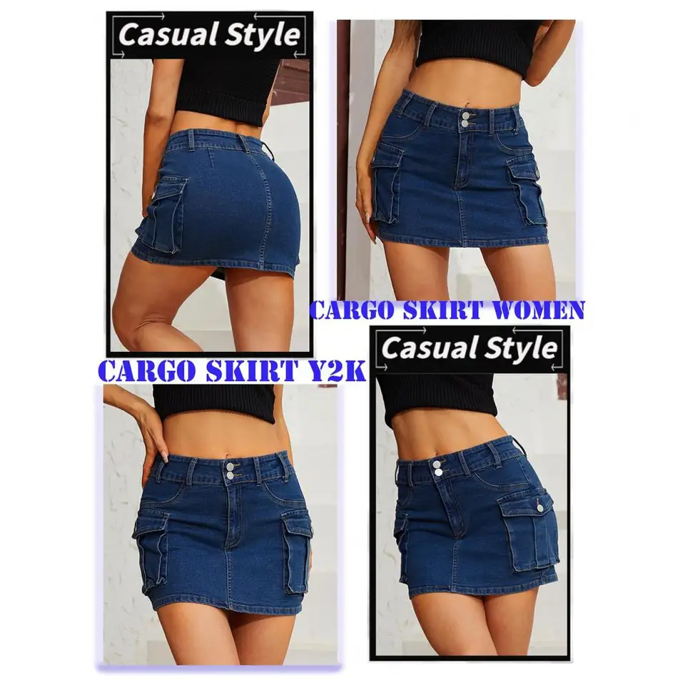 Women's Low Waist Denim Cargo Mini Skirt – Y2K Button Front Jean Skirt With Pockets, Dark Blue - View #3