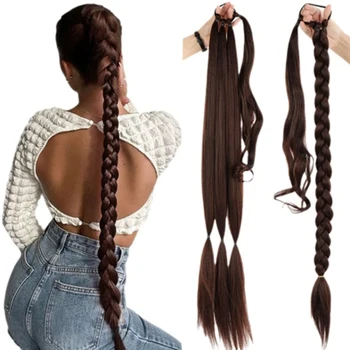Long Braided Ponytail with Elastic Hair Tie 30 Inch DIY Box Braiding Ponytail Extension Synthetic Braids Fake Tail for Women 1