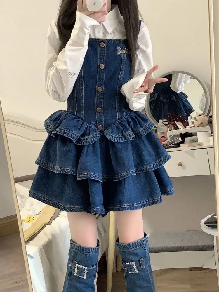 

Fashion Spring New Style Y2K Denim Suspender Dress Women's Sweet Solid Color Shirt Waist Ruffled Skirt Design Short Skirt Suit