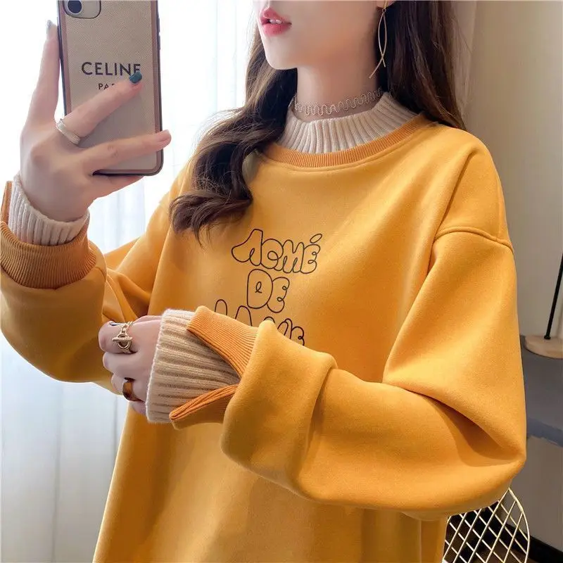 

2023 Autumn Winter New Women Sweater Thickened Velvet Coat Loose Fake Two Piece Half High Collar Hatless Fashion Top Trendy