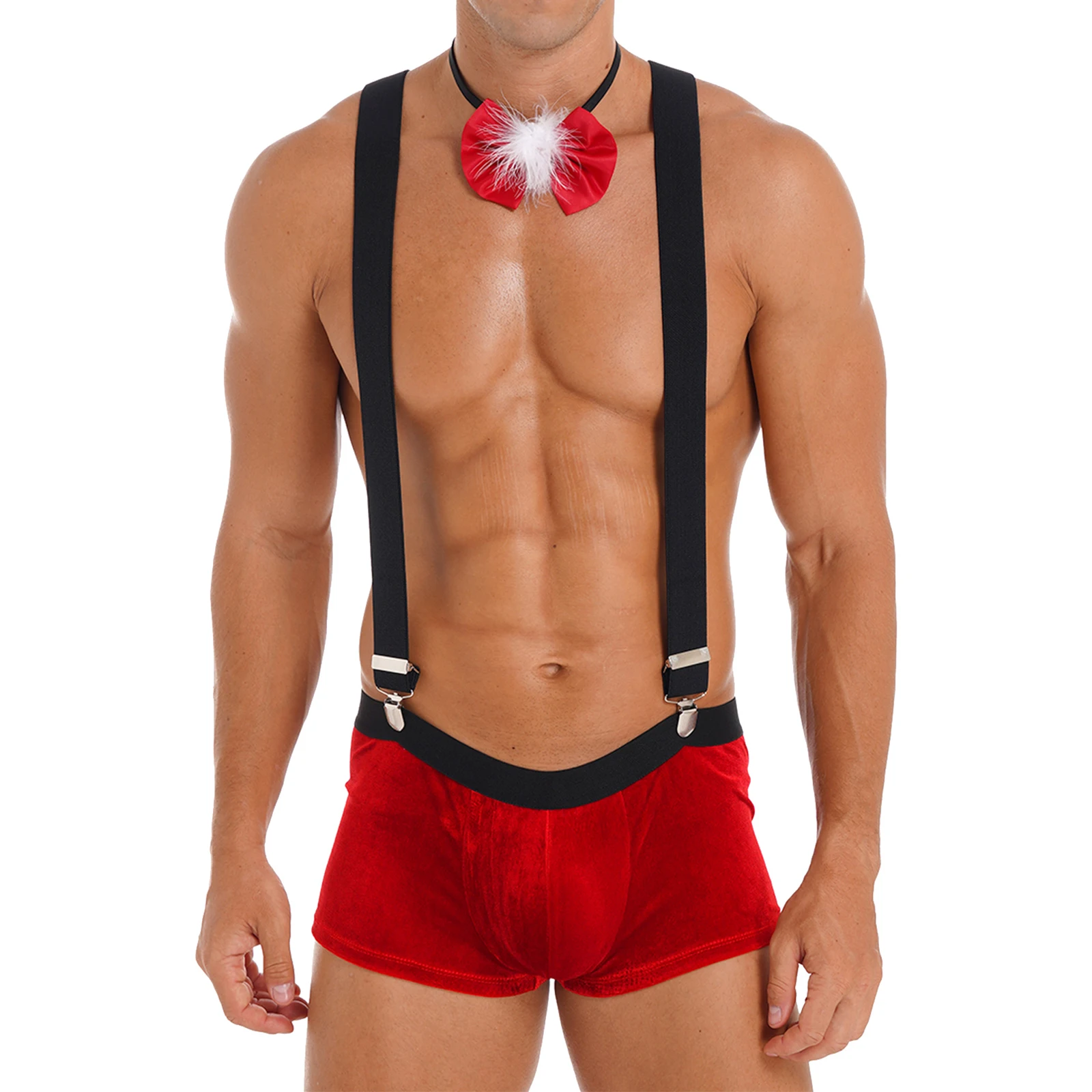 Mens Velvet Christmas Elf Costumes Boxer Shorts Bulge Pouch Underwear with Suspenders Bow Tie Holiday Cosplay Club Lingerie Sets