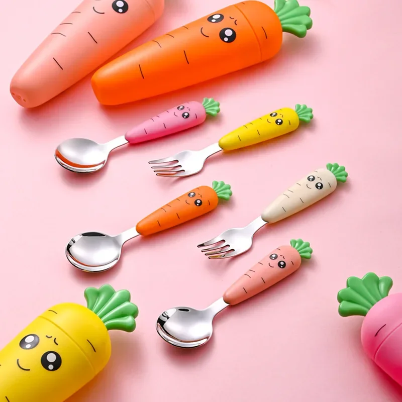 Baby Rice Spoon Cartoon Carrot Spoon Short Fork Children's Tableware Set Stainless Steel