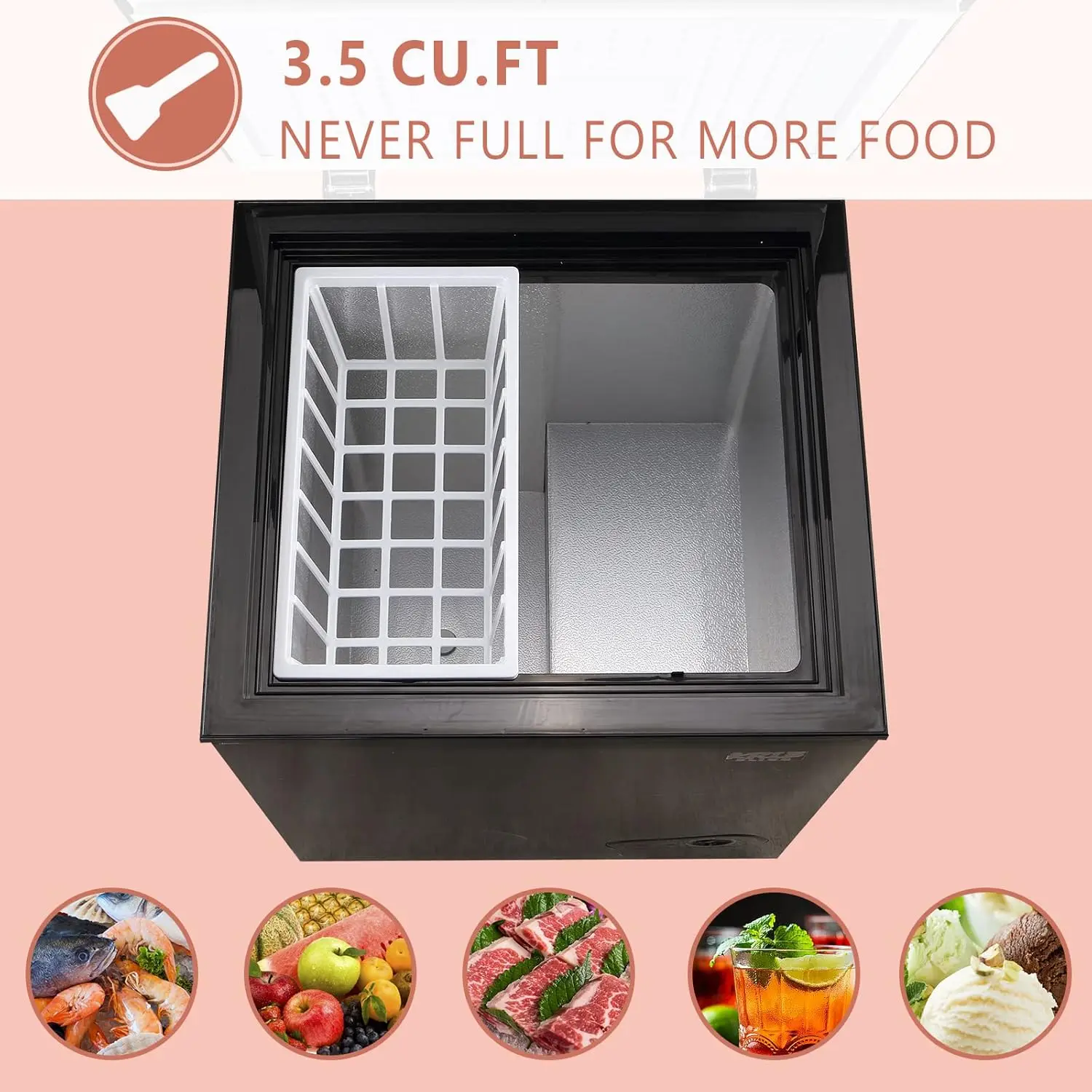 KRIB BLING 3.5 Cu.Ft Compact Chest Freezer with Removable Basket, Krib Bling Top Door Open Freestanding Deep Freezer with 7 Gear 4