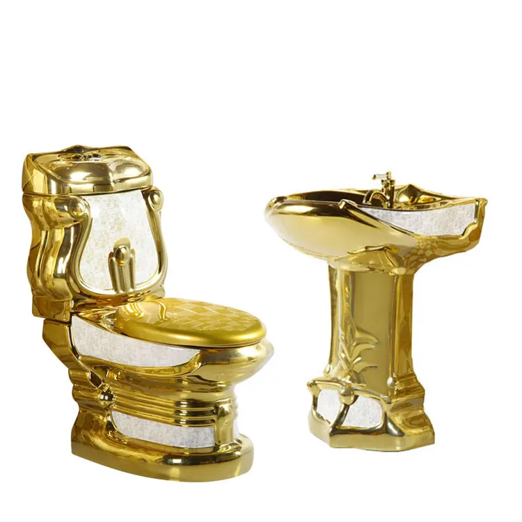 European luxury vintage bathroom wc ceramic gold two piece toilet 6